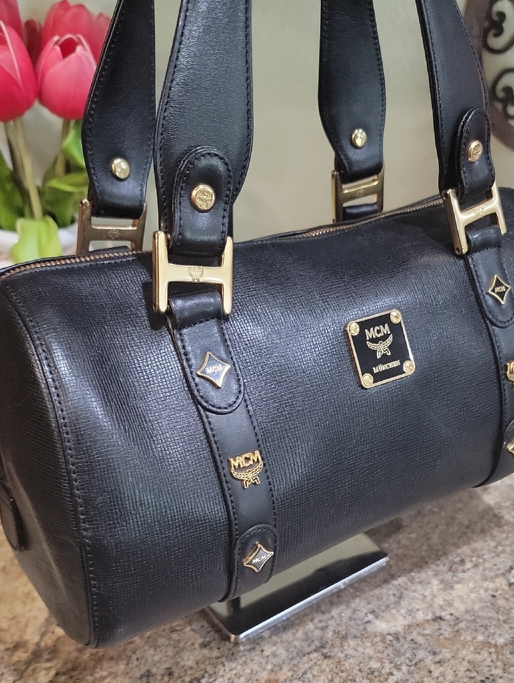 🌵MCM München Large BOSTON Shoulder Bag/Shoulder Bag - Black Textured Leather - Picture 2 of 14
